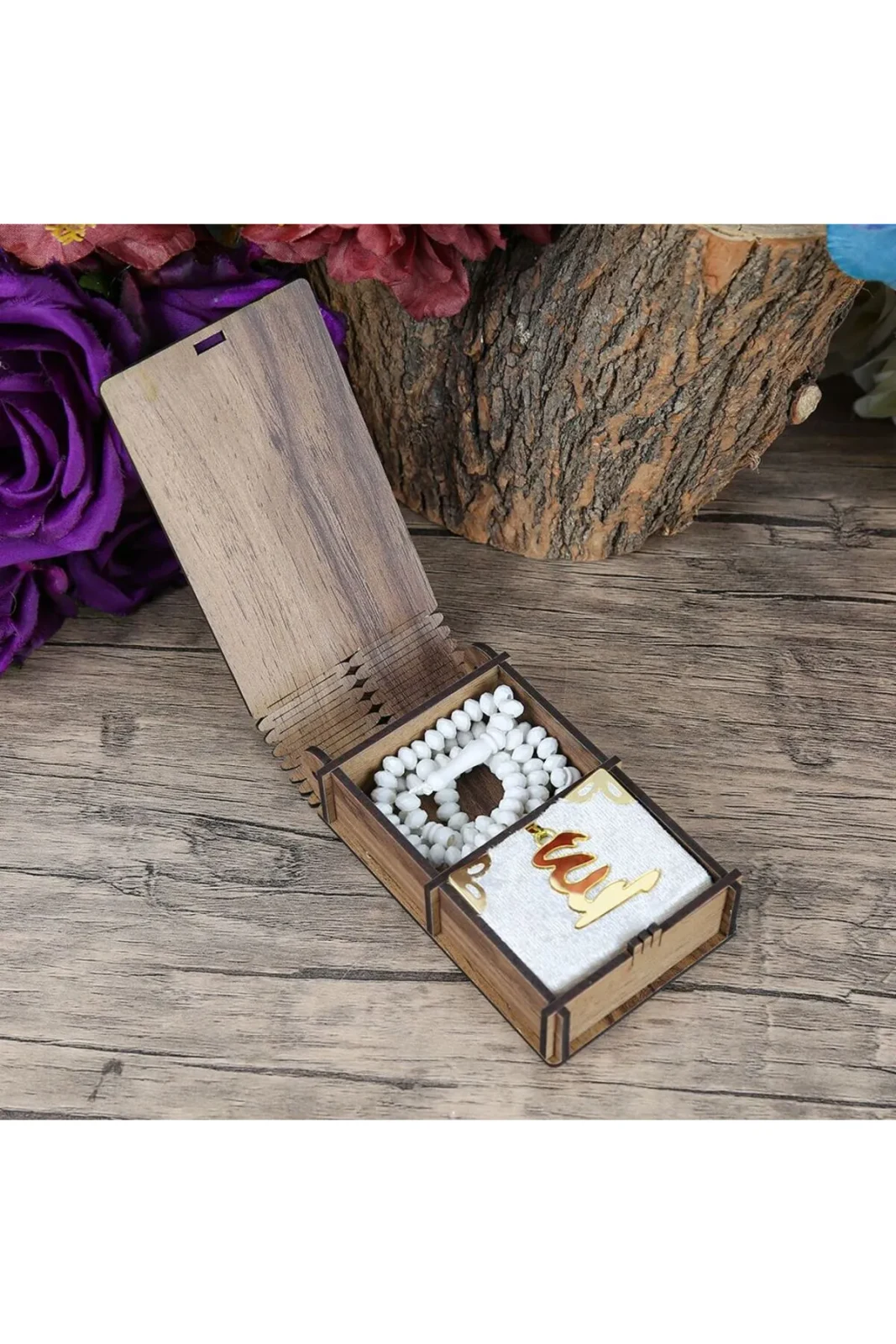 Mini Ahşap Kutuda Mini Kur’an-ı Kerim & Siyah Kristal Tesbih (13X7CM)
