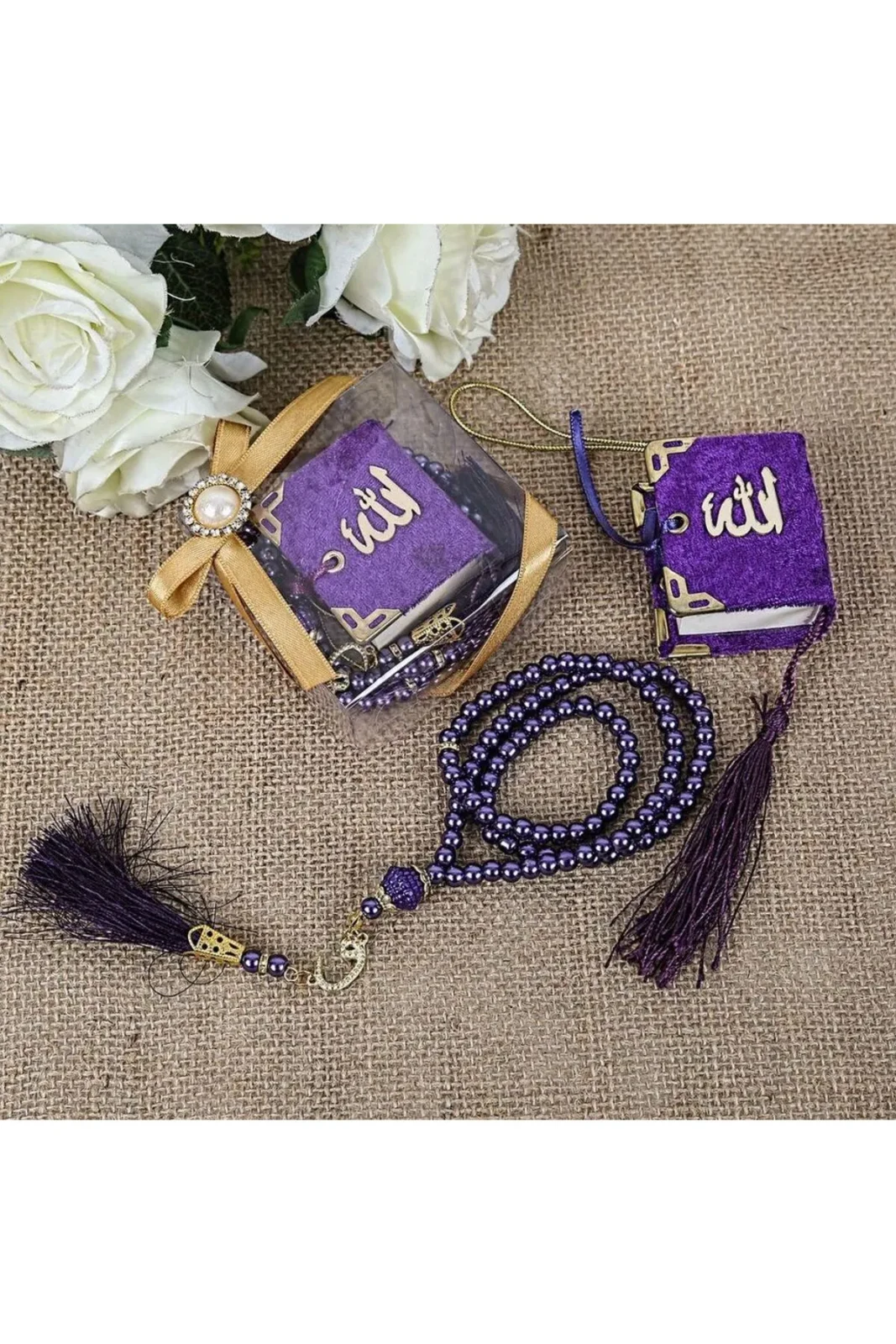 Hediyelik Mini Kuran, Inci Tesbihli Kare Kutulu Set 9