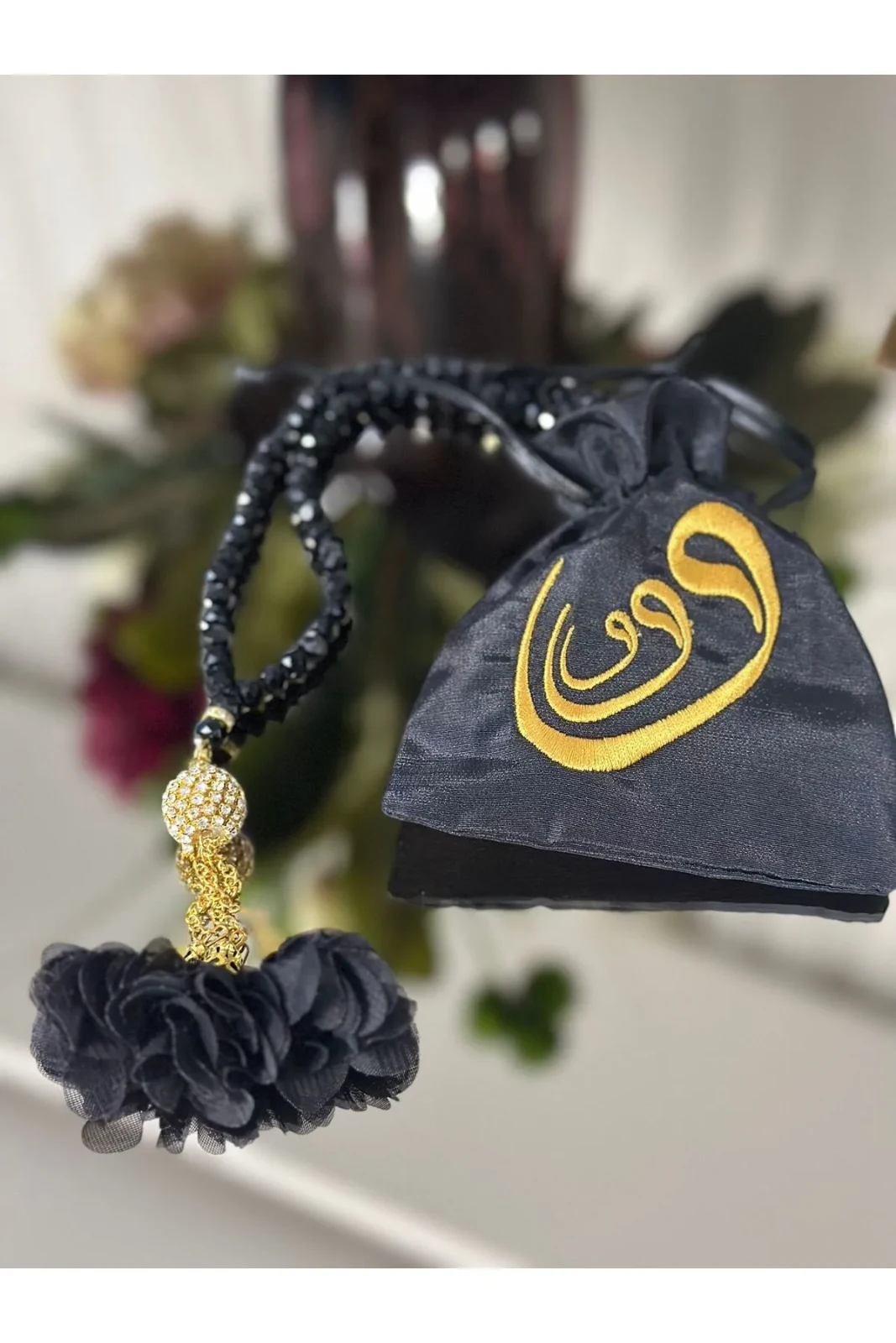 Hediyelik Özel Nakışlı Keseli Güllü Taşlı Elmas Tesbih 3